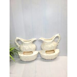 2 Vintage Pitcher & Bowl Wall Pocket Planters, White Grapevine Ceramic Decorama